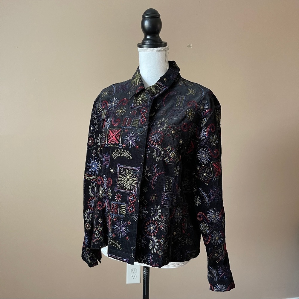 CHICO'S | Black Velour Embroidered Jacket Sz L - Picture 4 of 7
